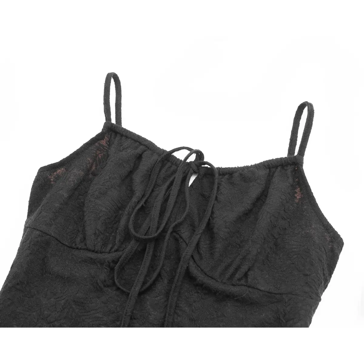 Close-up of the gathered bust and adjustable drawstring tie at the center front neckline.