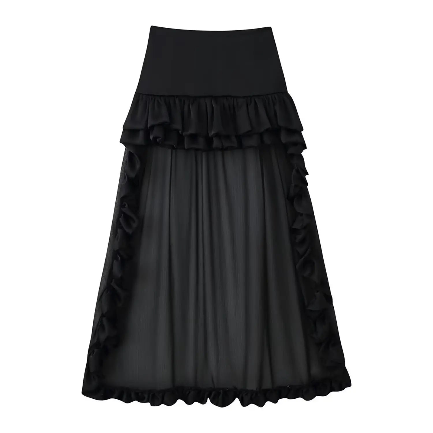 Black double layer frill high waist sheer chiffon flowy maxi skirt flat lay white background