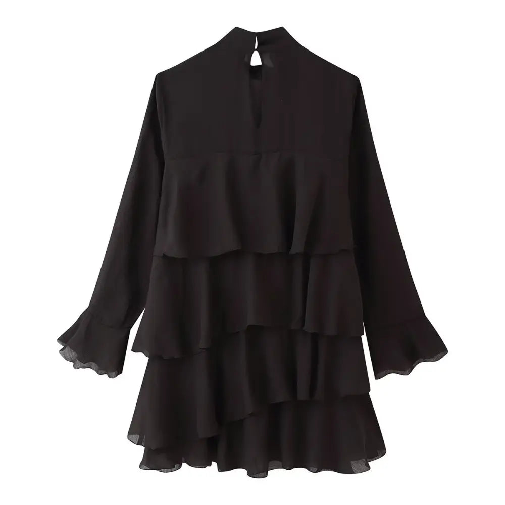 Black tiered ruffle high neck mini dress, back flat lay
