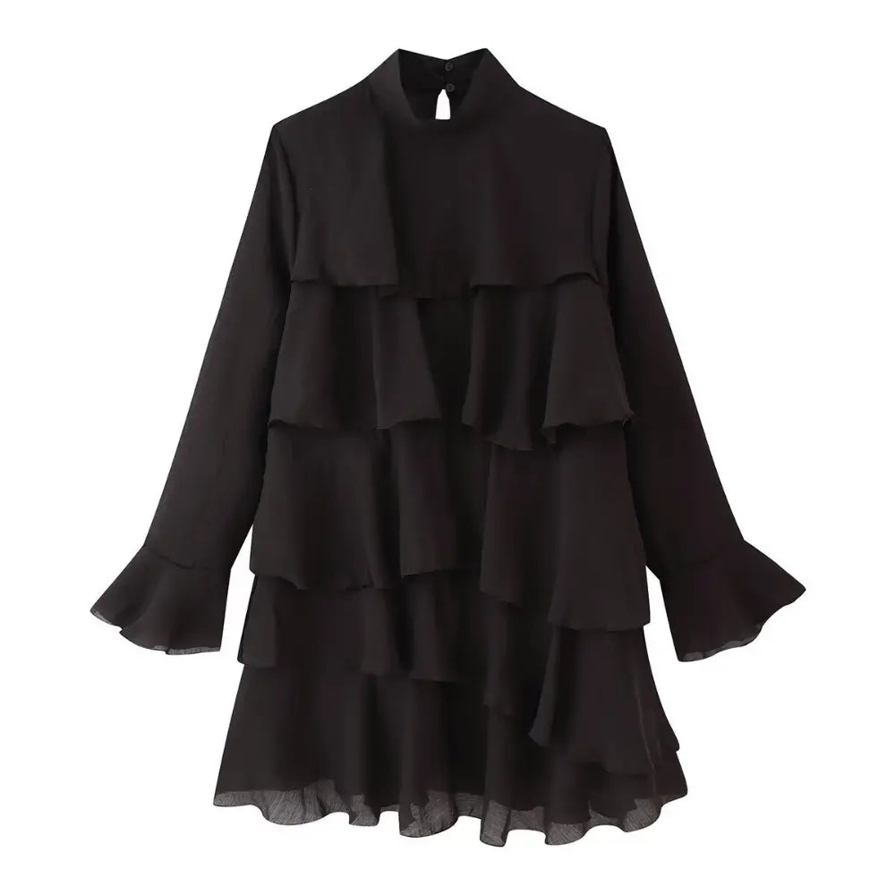 Black tiered ruffle high neck mini dress, front flat lay