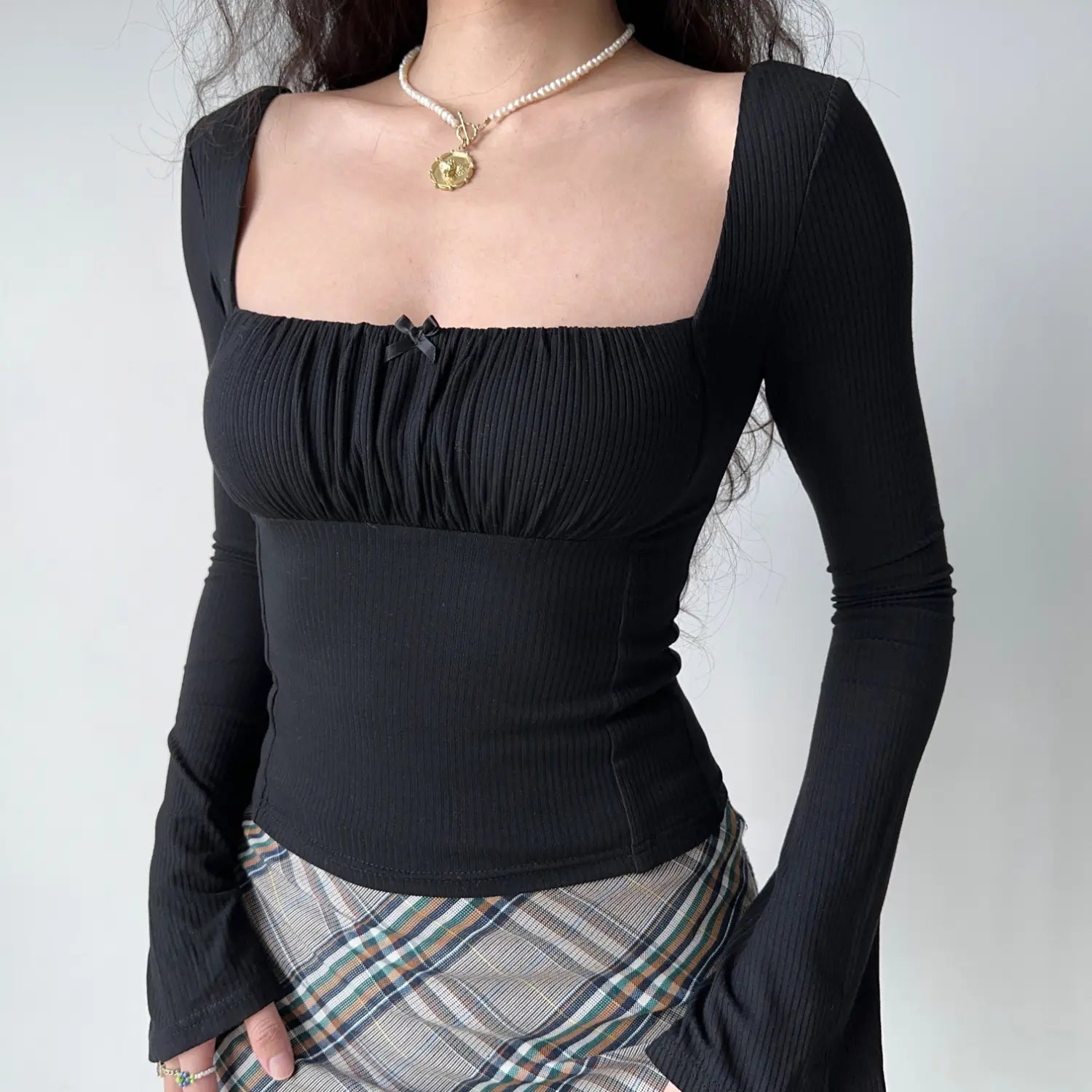Black ribbed fitted crop top with gathered bust and mini bow, wide square neck flare long sleeve casual women slim shirt