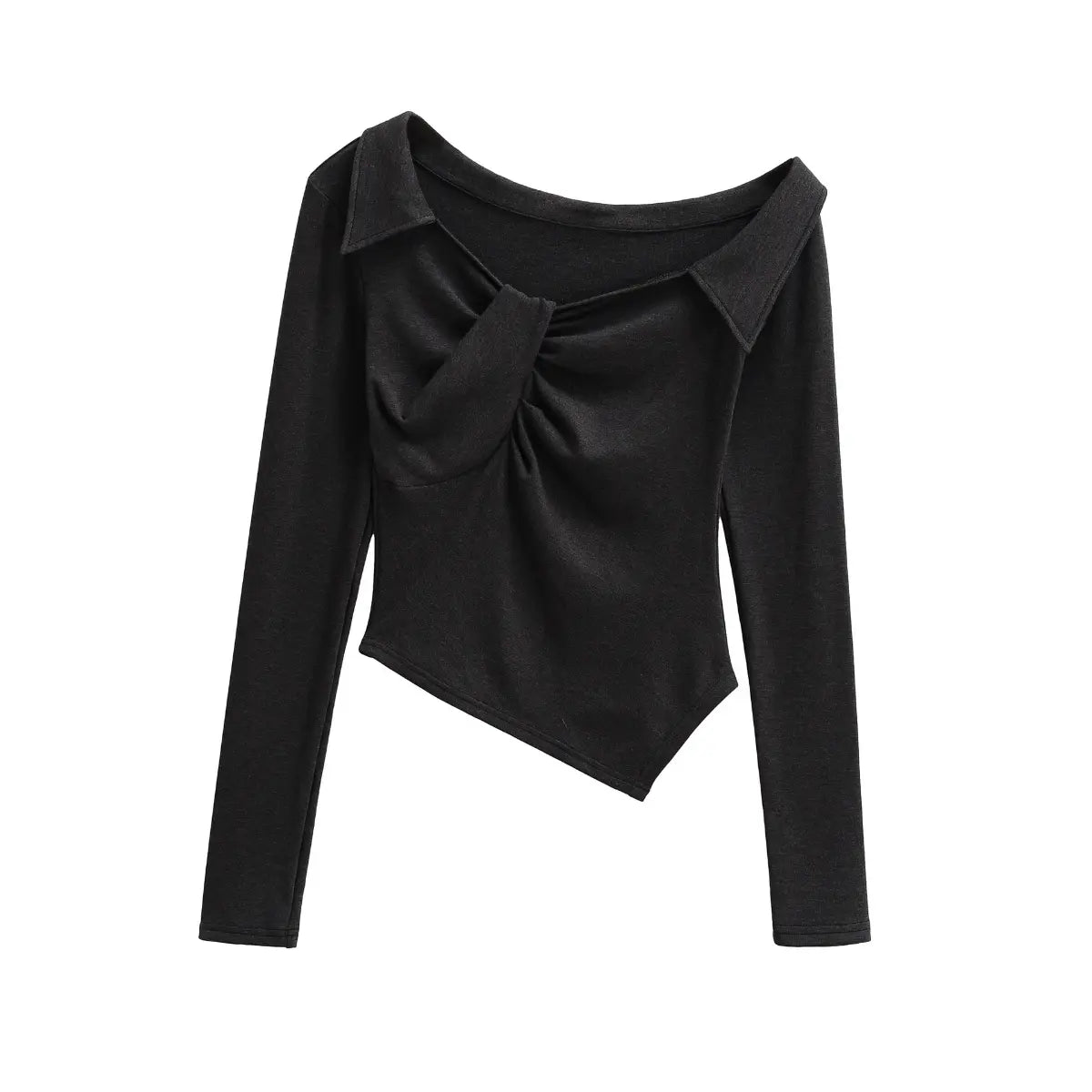 Full view of the black twist-front long-sleeve top, showing the collar points, twisted bust, and asymmetric hem