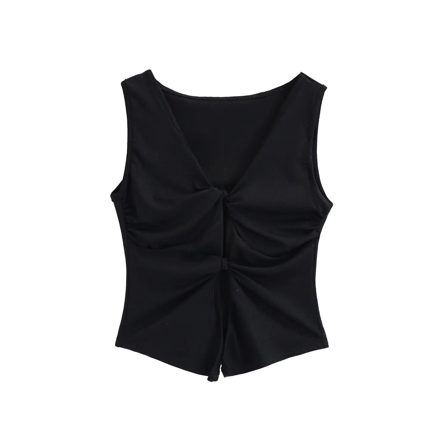 Black double twist hollow v-neck sleeveless tank full front plain white flat lay, double layer bust twist cutout slim cropped fit cool solid stretch knit inner camisole main shot