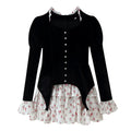 Black velvet floral layered mini dress front view, puff long sleeve with pearl buttons, ruffle floral collar, tiered floral skirt, studio apparel shot