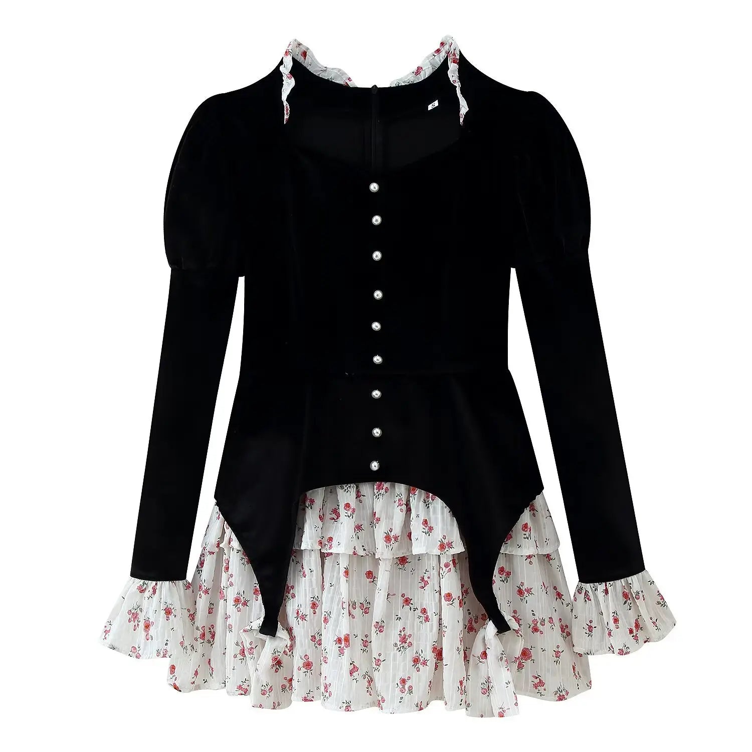 Black velvet floral layered mini dress front view, puff long sleeve with pearl buttons, ruffle floral collar, tiered floral skirt, studio apparel shot