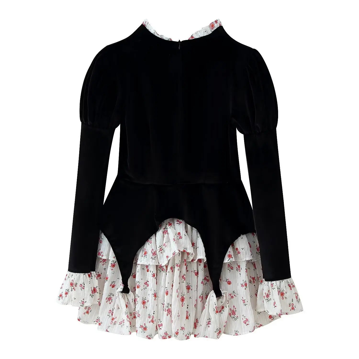 Back view of black velvet floral layered mini dress, back zipper closure, puff long sleeves, tiered floral ruffle skirt, flat product shot