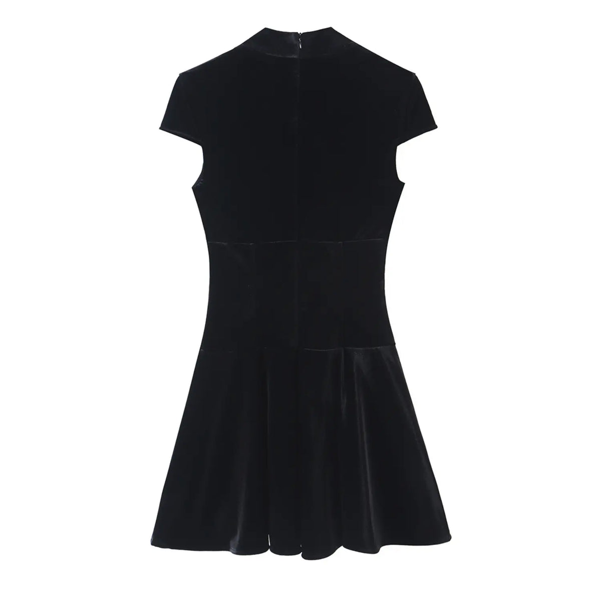 Black velvet frog button mandarin collar mini dress, back flat lay