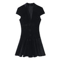 Black velvet frog button mandarin collar mini dress, front flat lay