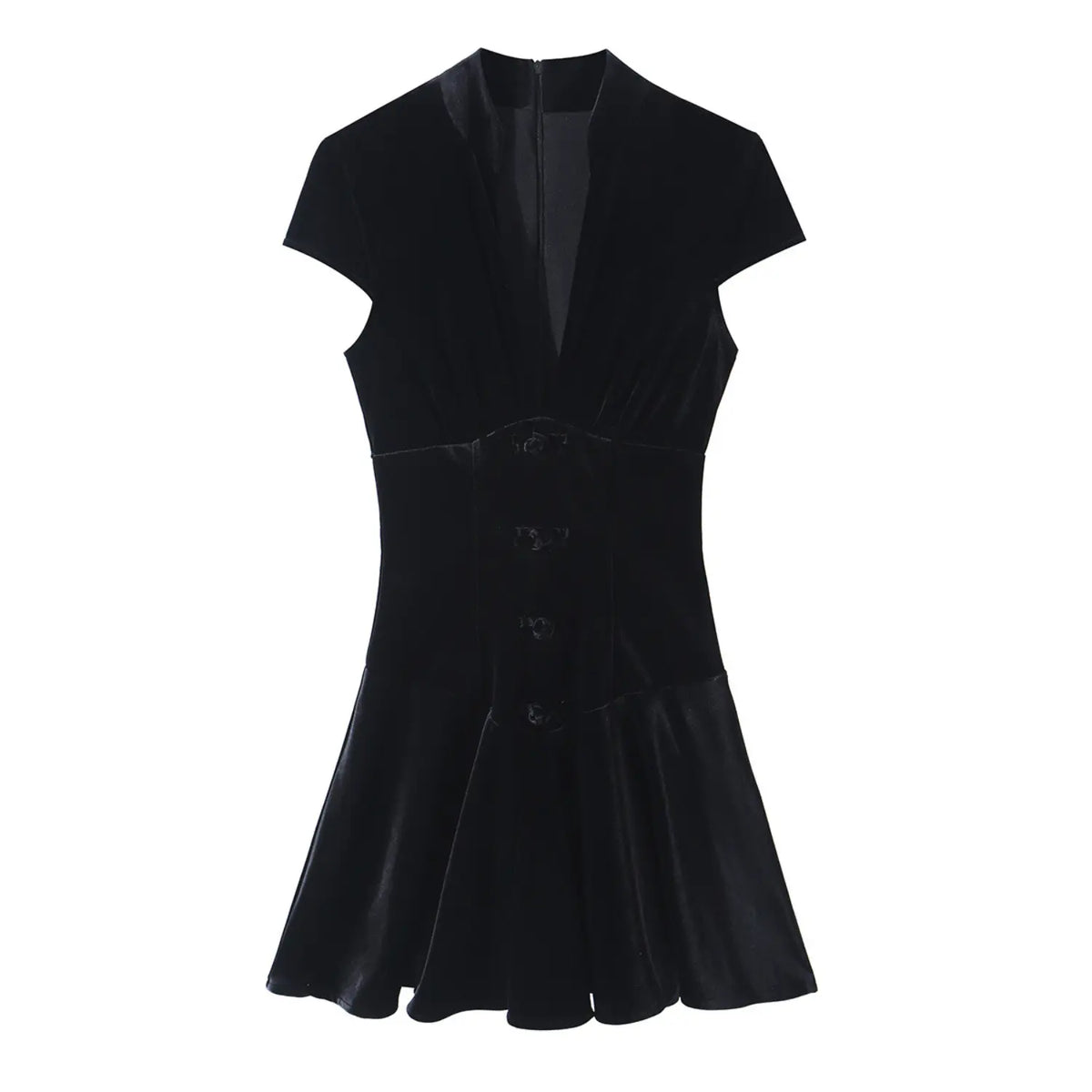 Black velvet frog button mandarin collar mini dress, front flat lay