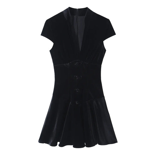 Black velvet frog button mandarin collar mini dress, front flat lay
