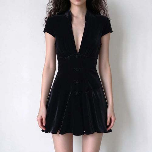 Model wearing black velvet frog button mandarin collar mini dress, front view