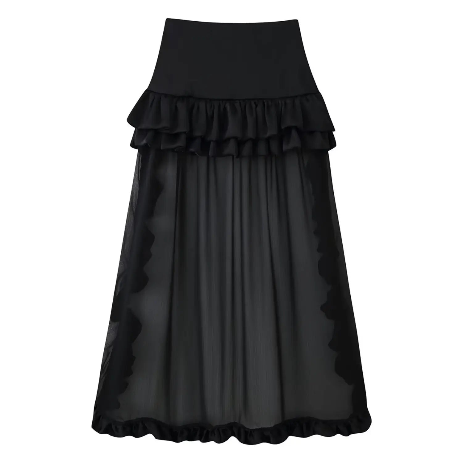 Black wavy trim ruffled sheer chiffon long maxi skirt high waist flat lay shot