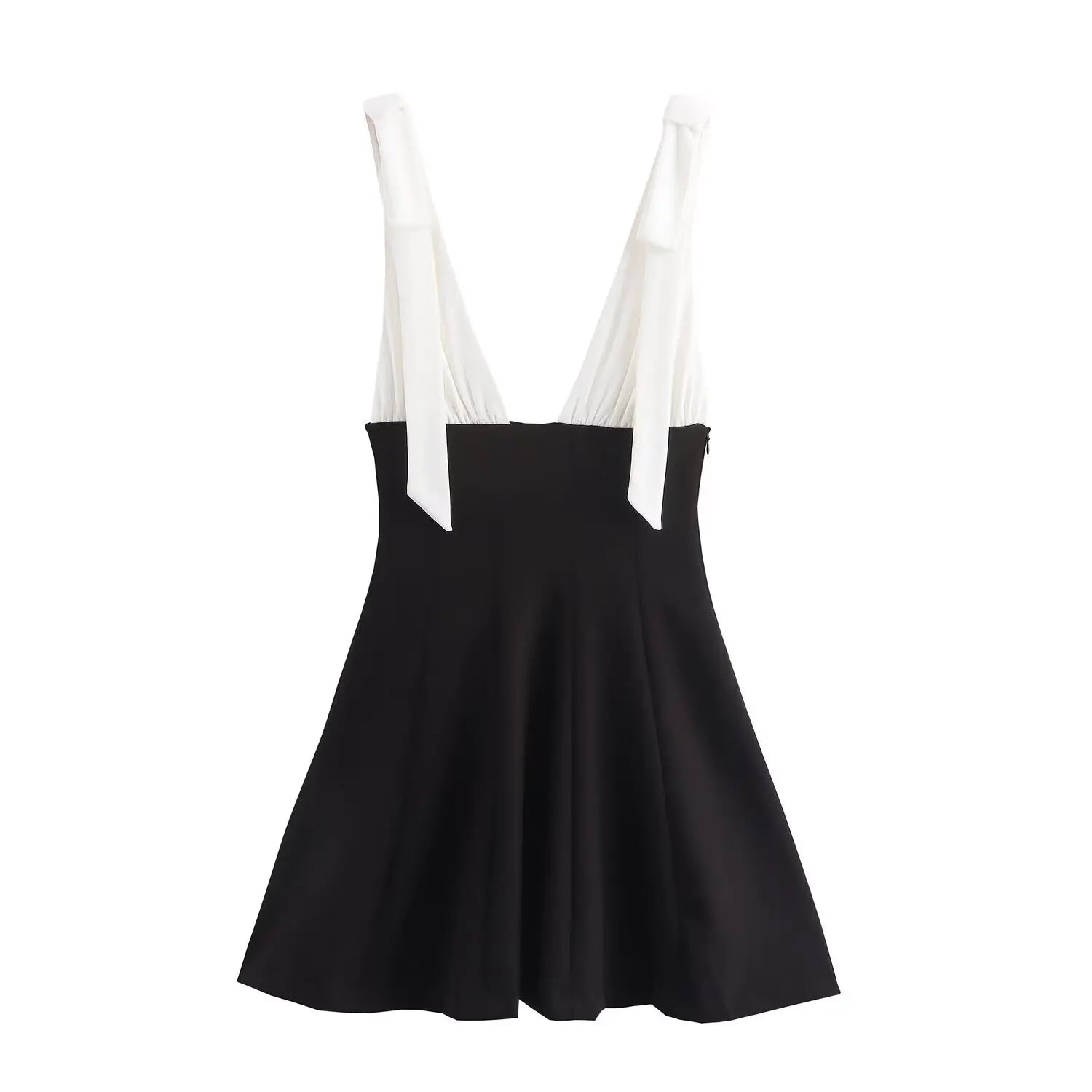 Full back view on white background of black and white bow-tie strap fit-and-flare mini dress