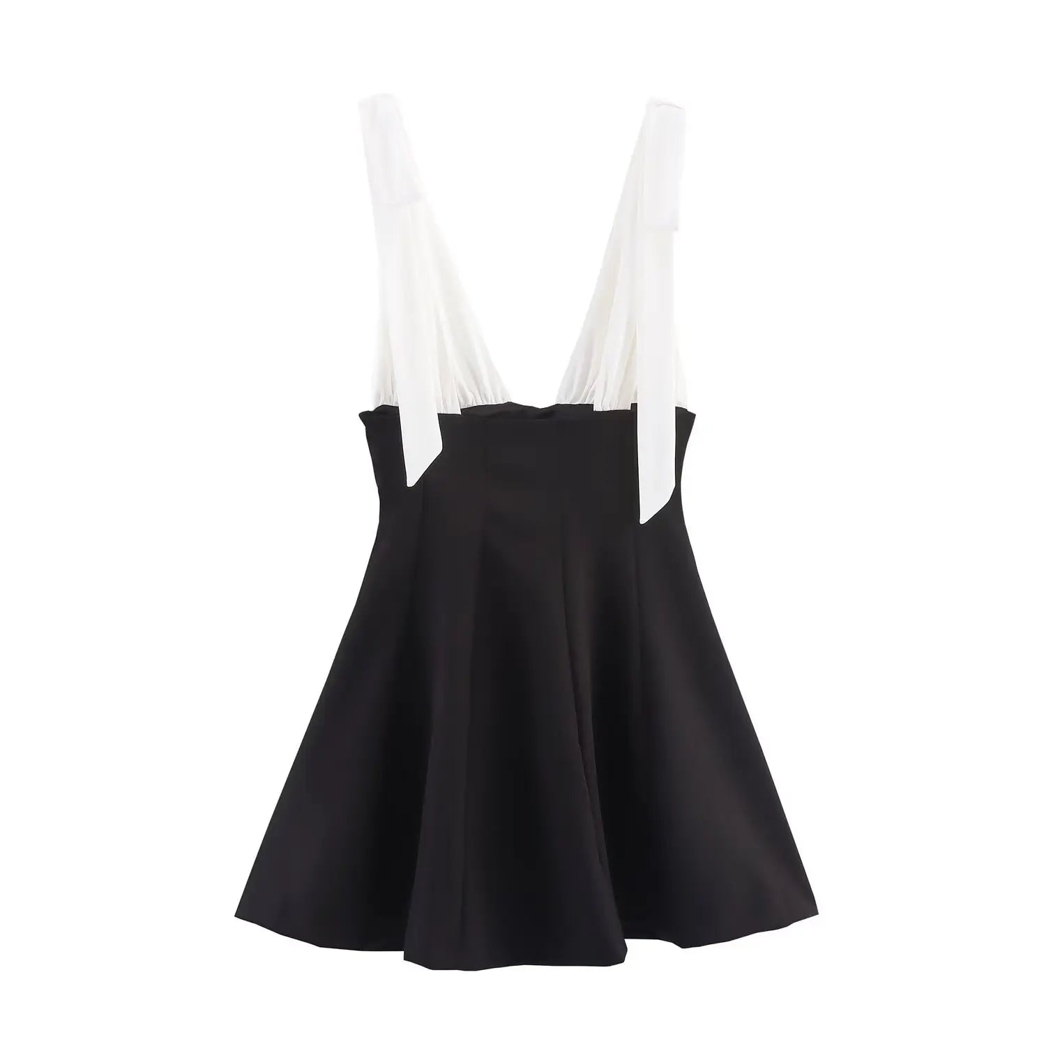 Full front view on white background of black and white bow-tie strap fit-and-flare mini dress
