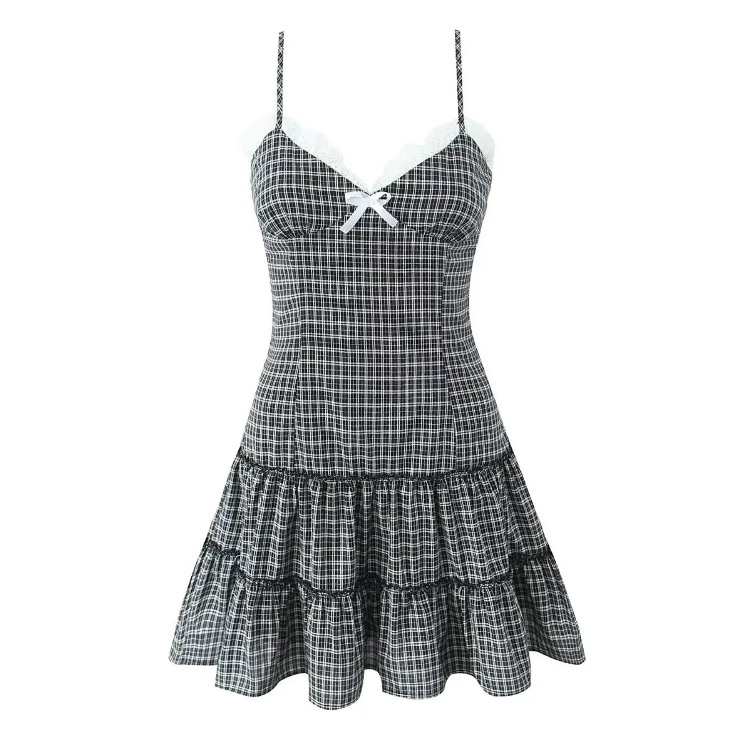 Black white gingham cami mini dress isolated on white background, v‑neck with white lace trim and front bow, tiered ruffle skirt