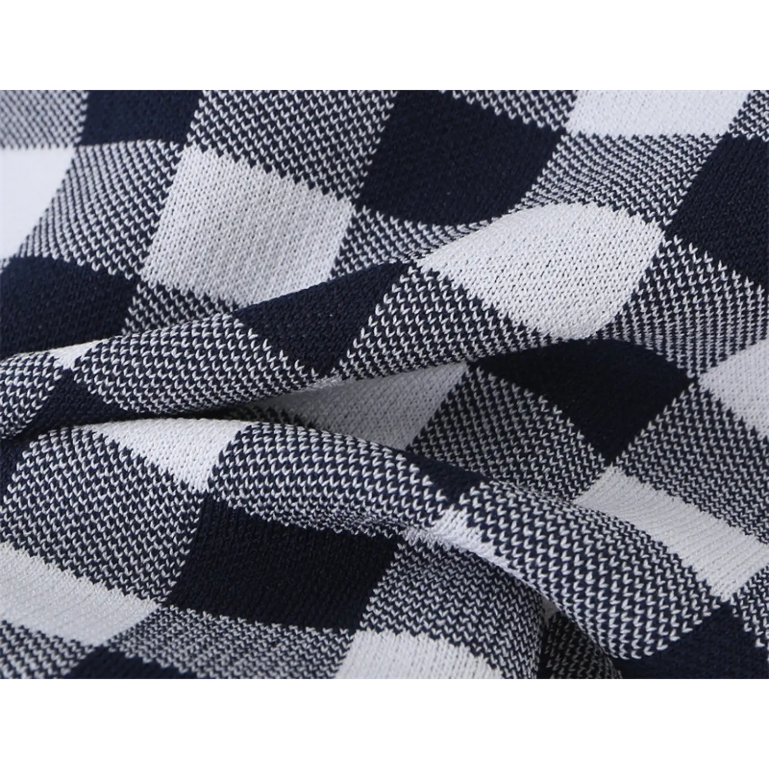 Fabric drape macro texture, tight soft stretch knit weave, evenly distributed black white gingham grid pattern