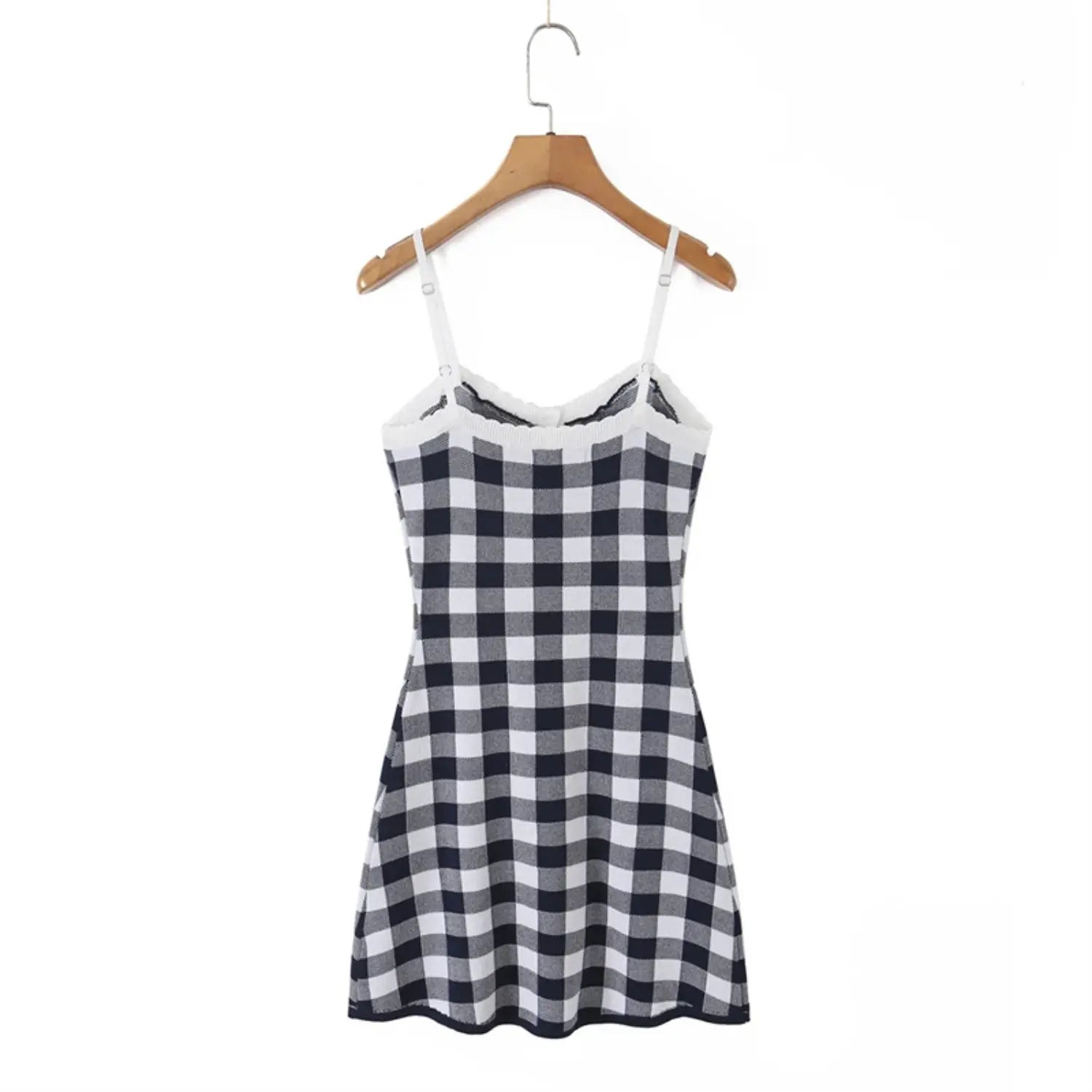 Full back flat lay gingham knit cami mini dress, simple smooth back, adjustable shoulder sliders, uniform black white grid check pattern