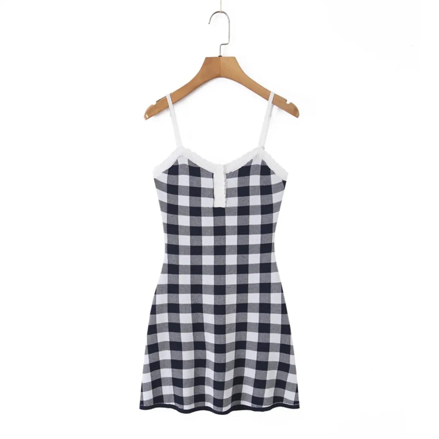 Full front flat lay mini knit slip dress, thin adjustable spaghetti straps, scalloped rib bust neck, front half decorative button placket, slim A-line mini skirt