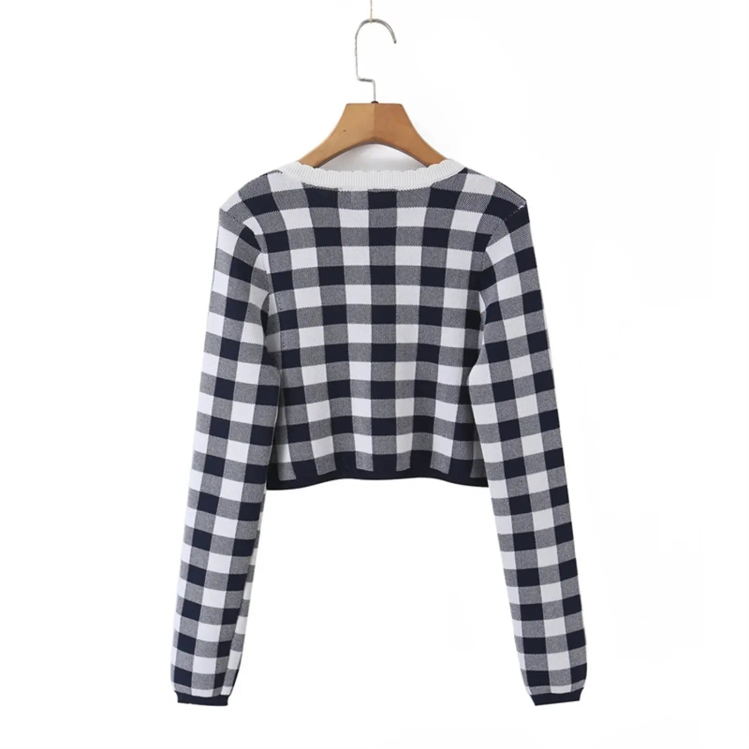 Full back flat lay black check knit short cardigan, solid plain back panel, matching all-over gingham print, soft stretch knit material