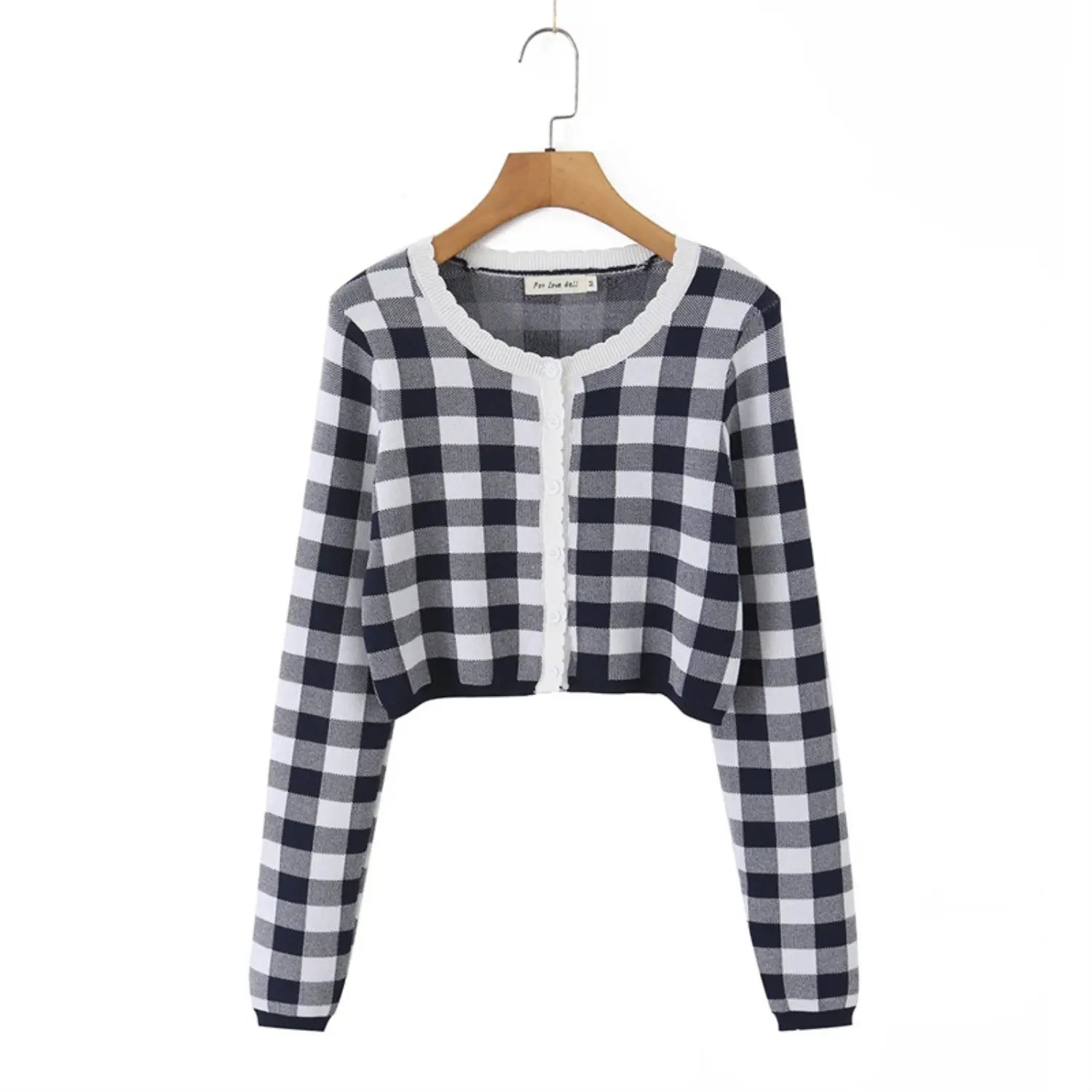 Full front flat lay cropped gingham knit cardigan, round scalloped rib neck, full vertical button placket, long regular sleeves, rib cuffs & hem
