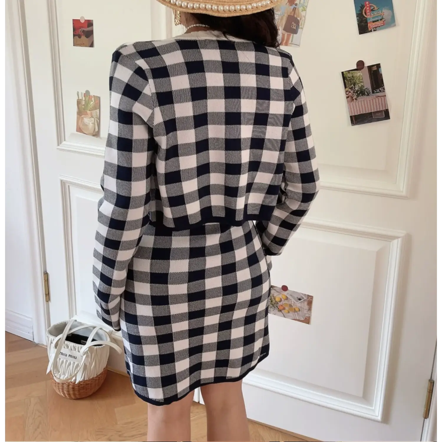 Full back lifestyle shot black white gingham knit set, plain back cardigan, simple straight back cami dress, uniform grid check knit fabric