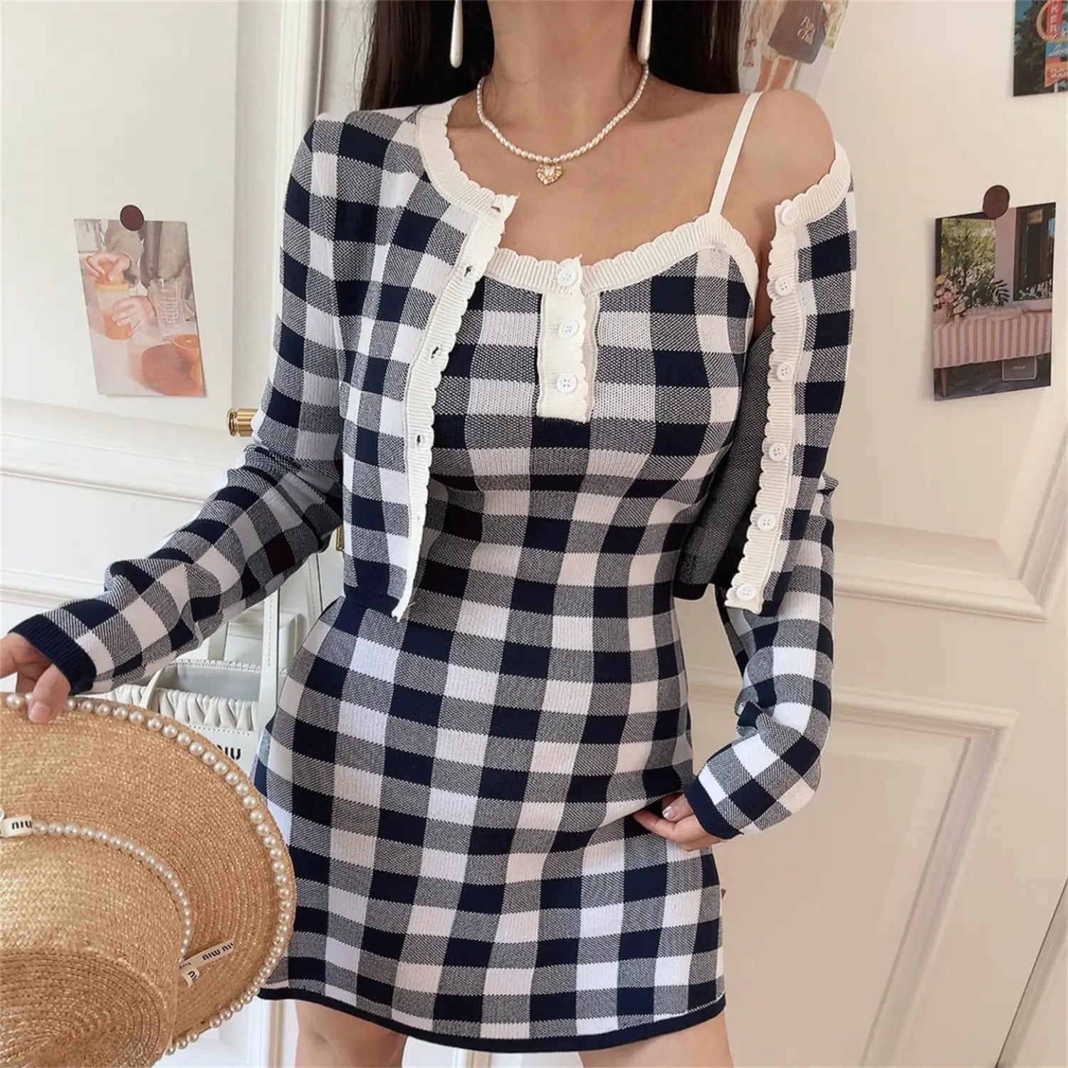 Full standing model shot gingham knit two piece coord, long sleeve scalloped trim cardigan, thin strap bodycon mini dress, matching full gingham pattern