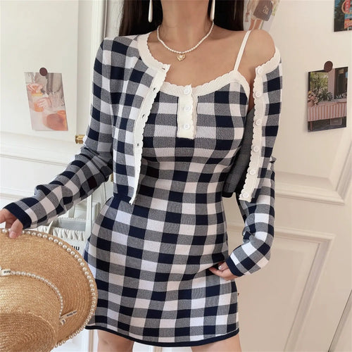 Full standing model shot gingham knit two piece coord, long sleeve scalloped trim cardigan, thin strap bodycon mini dress, matching full gingham pattern