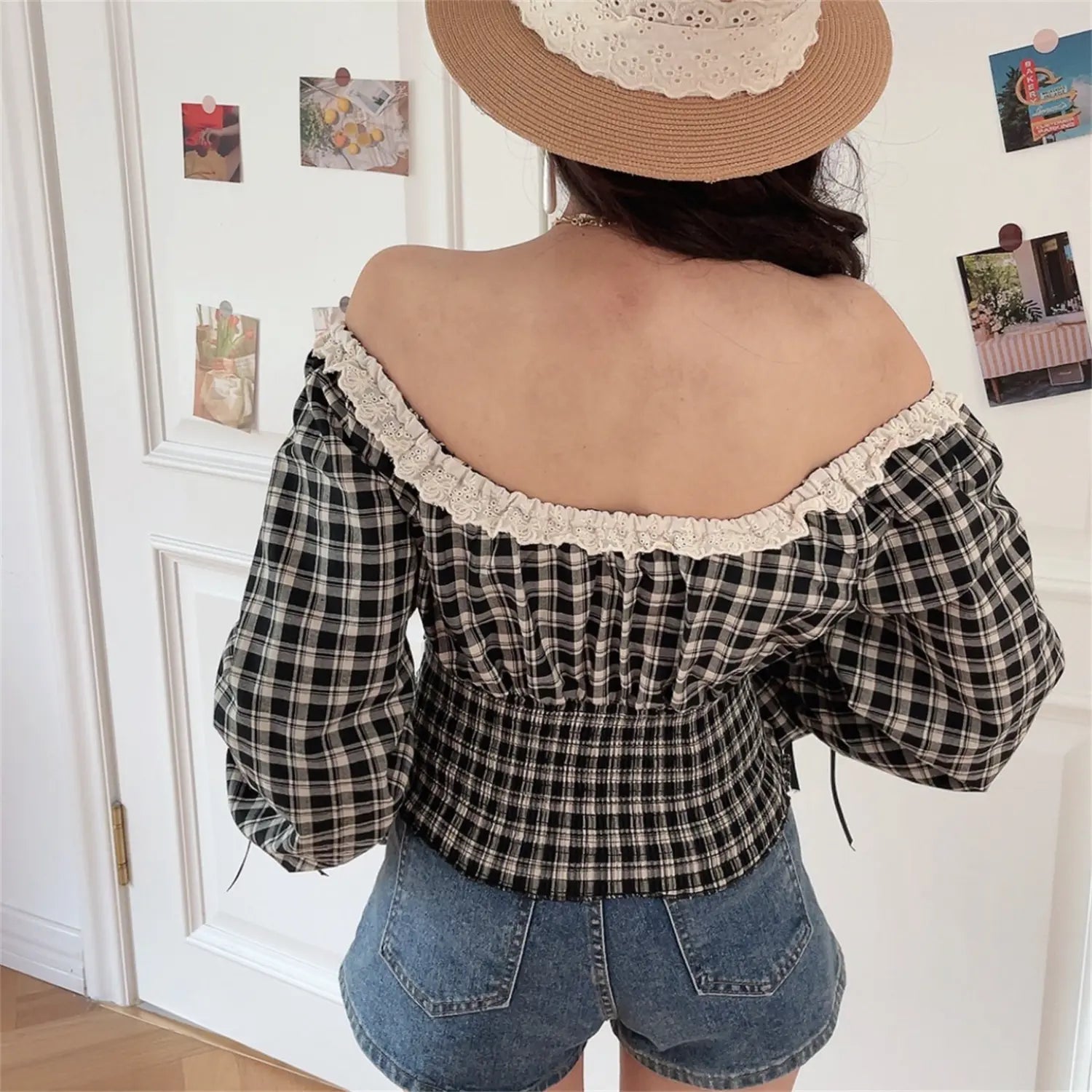 Black white gingham off shoulder crop top full back model shot, full white eyelet lace off shoulder trim full back elastic smocked waist loose puff long sleeve vintage check cropped blouse back silhouette display