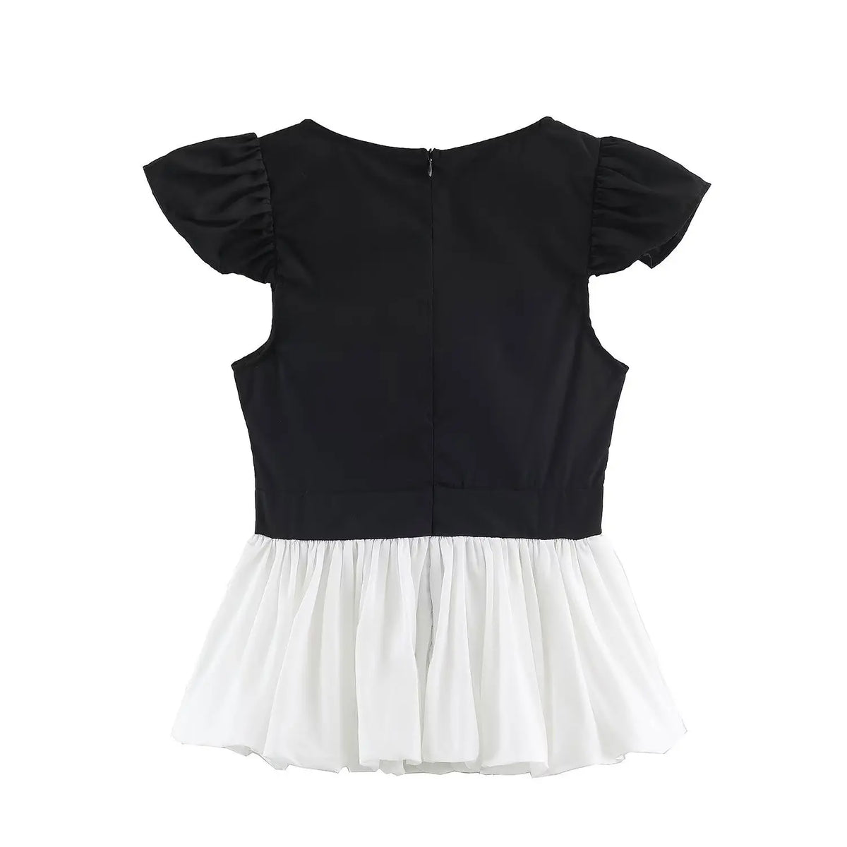back view of black and white peplum top with deep V neck and ruffle sleeves on white background