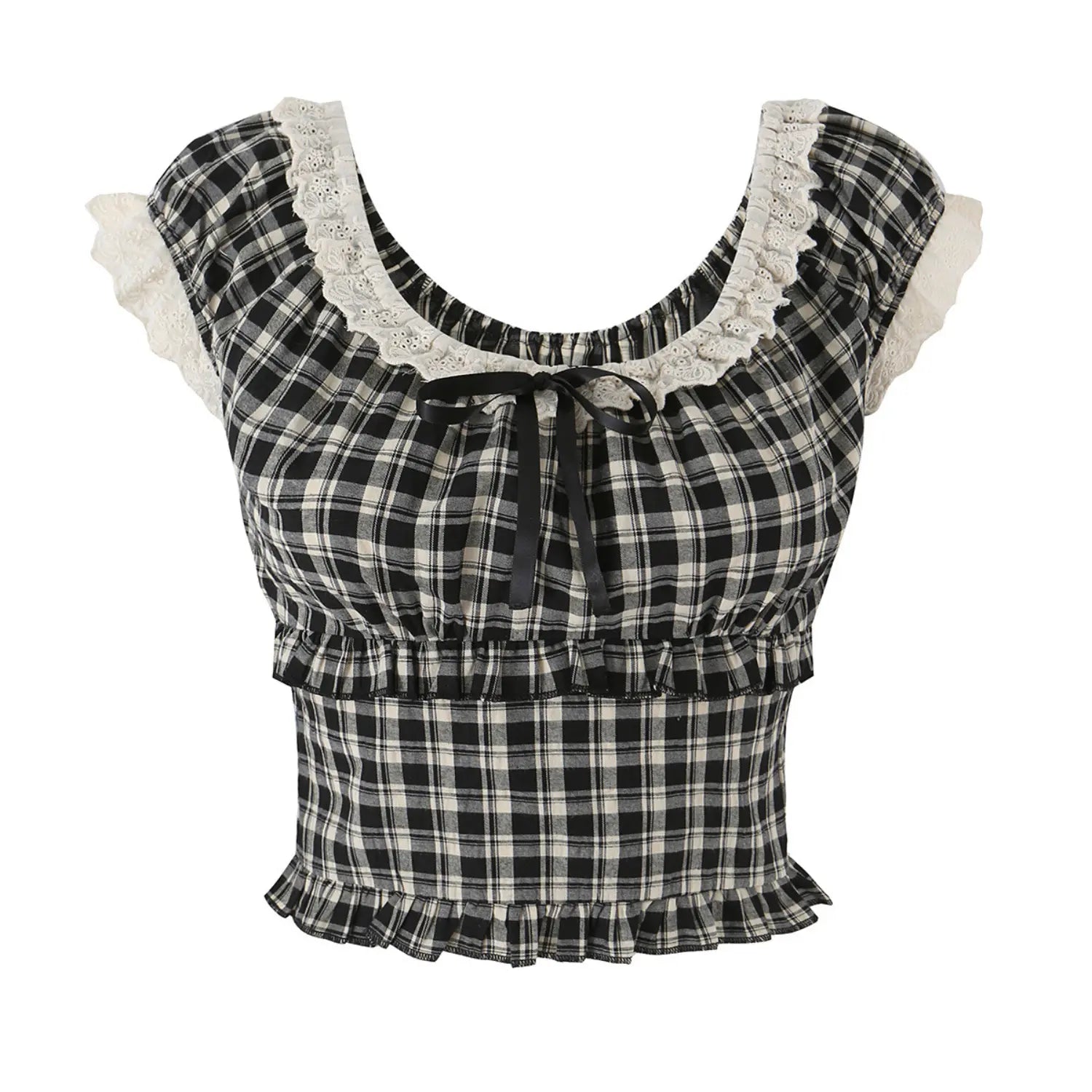 Front full flat lay sweet y2k plaid cropped top, eyelet lace square neck, front black satin ribbon bow, tiered ruffle waist, elastic smocked fitted waist, casual girl daily blouse