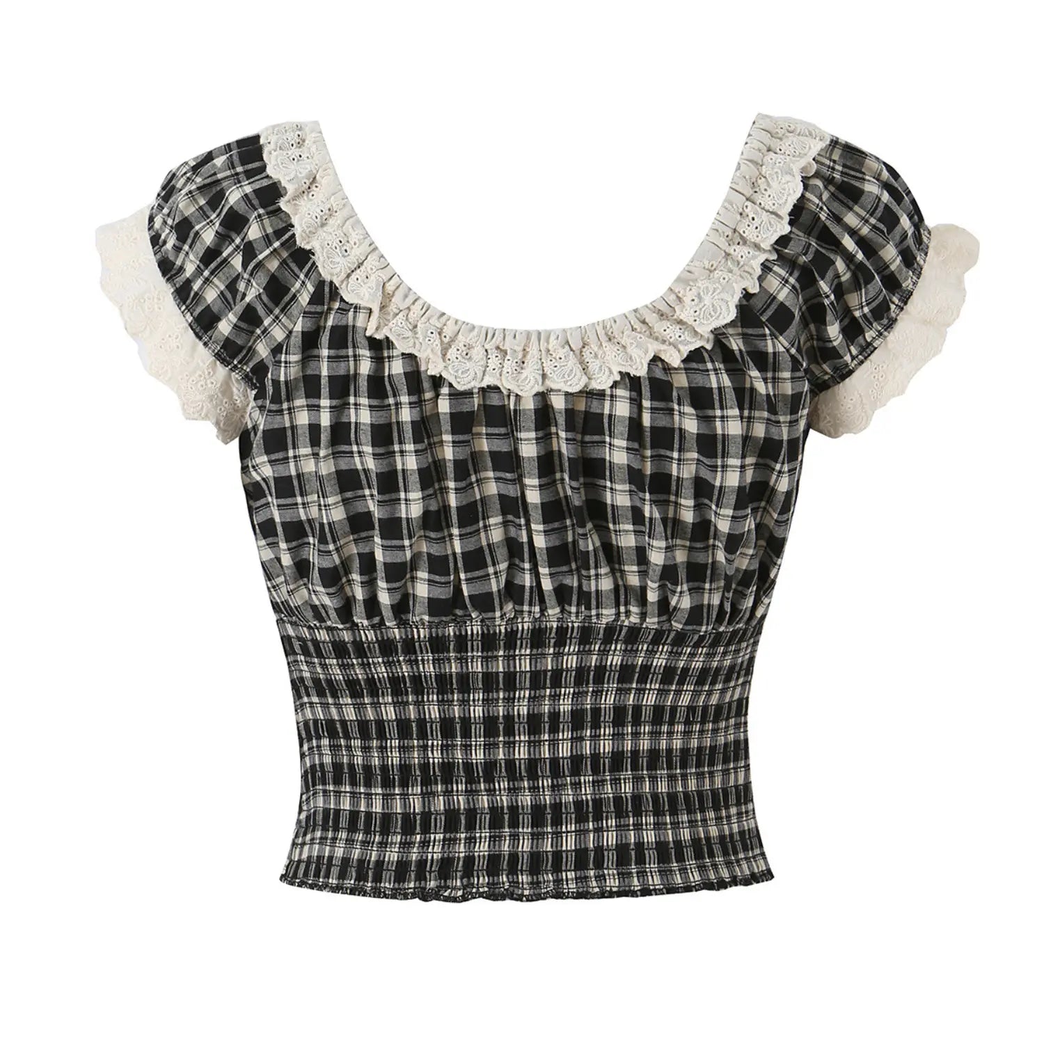 Front full flat lay of vintage black white plaid cropped blouse, off-white eyelet lace trim square neck, elastic cap short sleeves, full waist smocked ruffle hem, y2k casual fitted top