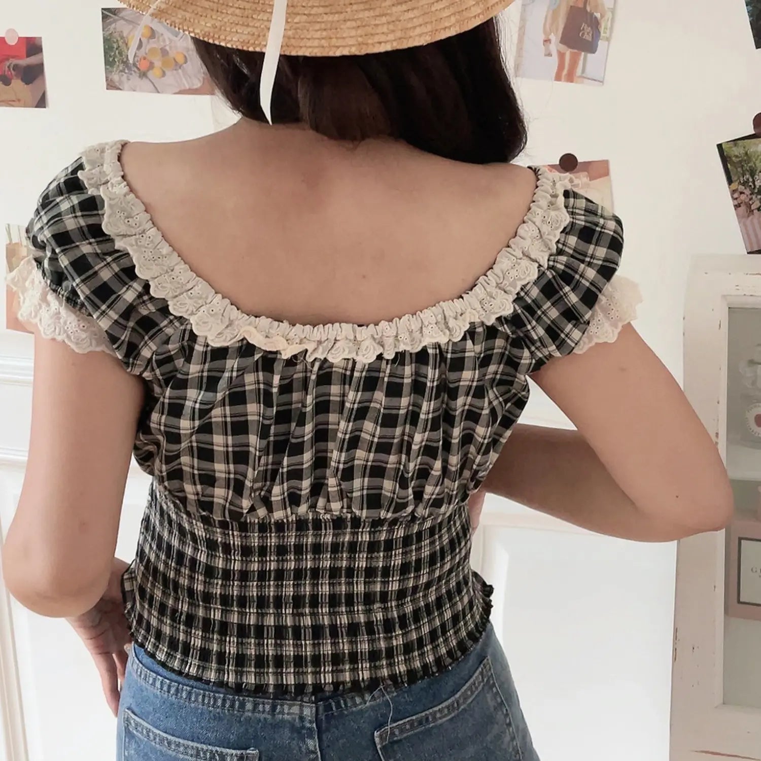 Women black white plaid lace crop top back view, elastic smocked waist and lace neckline detail