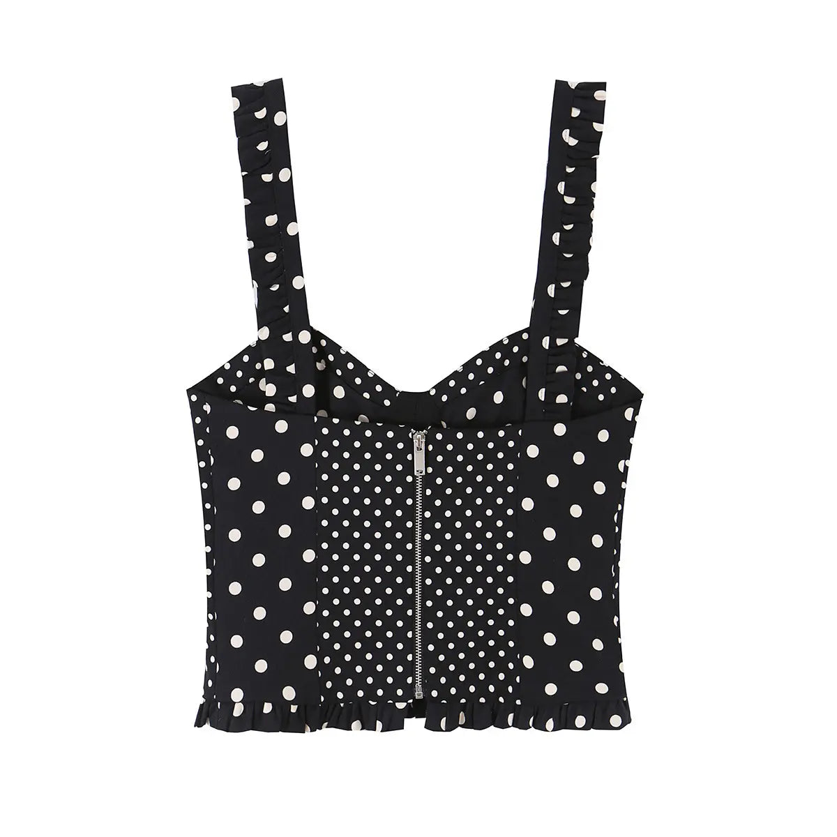 Black and white polka dot bustier crop top with ruffled straps and hem, back view showing center zipper, flat lay on white background.