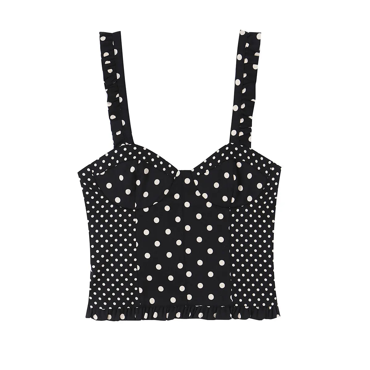 Black and white polka dot bustier crop top with ruffled straps and hem, front view, flat lay on white background.