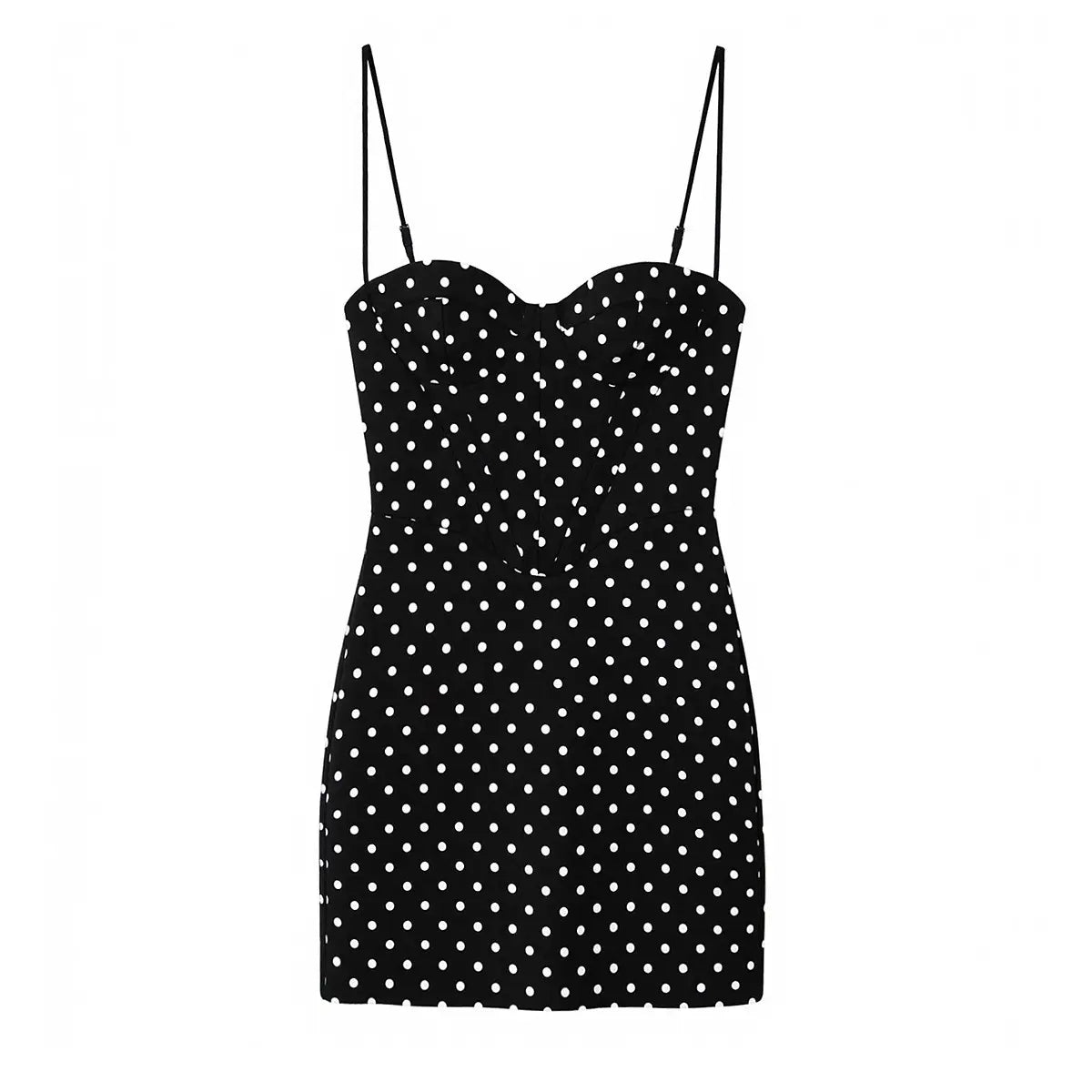 Front view of the form-fitting black polka dot dress, showcasing structured corset cups, princess seams, and a sleek mini length.
