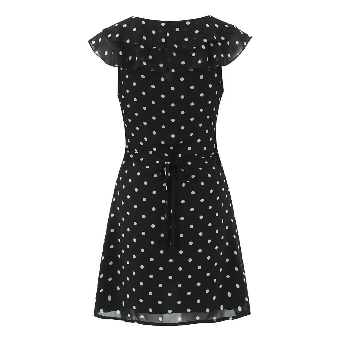 Full back view of the black polka dot dress with V-neck, ruffled trim, and waist bow.