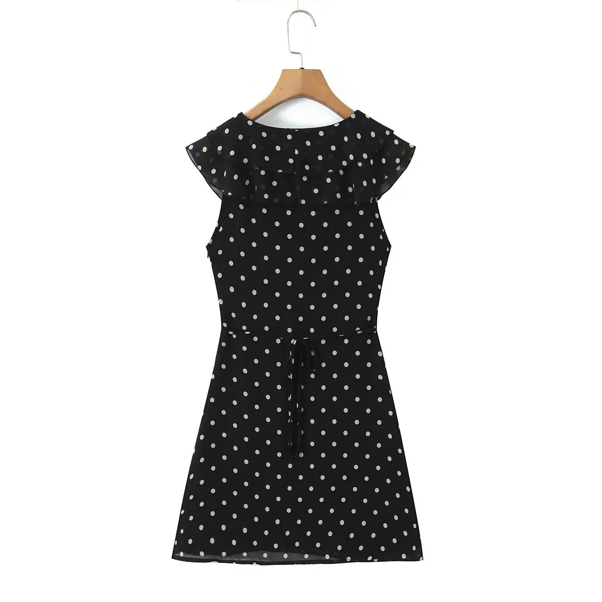 Full back view of the dress, showing the ruffled back neckline and waist tie closure.