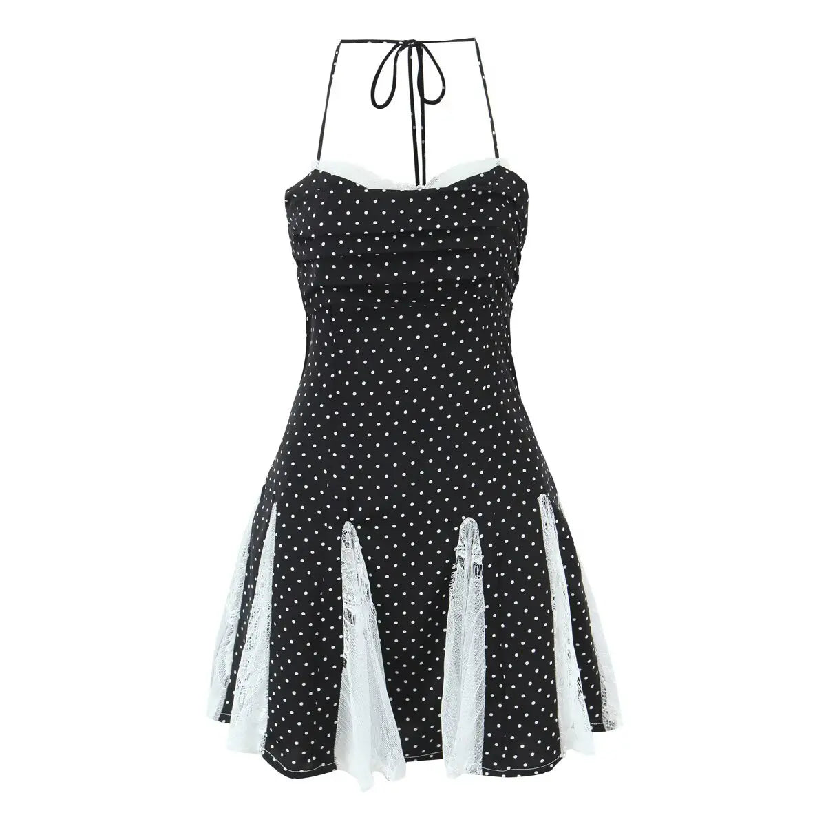 Full front view of the dress, featuring halter ties, lace-trimmed neckline, and lace-paneled skirt.