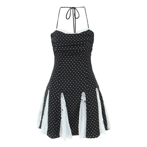 Full front view of the dress, featuring halter ties, lace-trimmed neckline, and lace-paneled skirt.