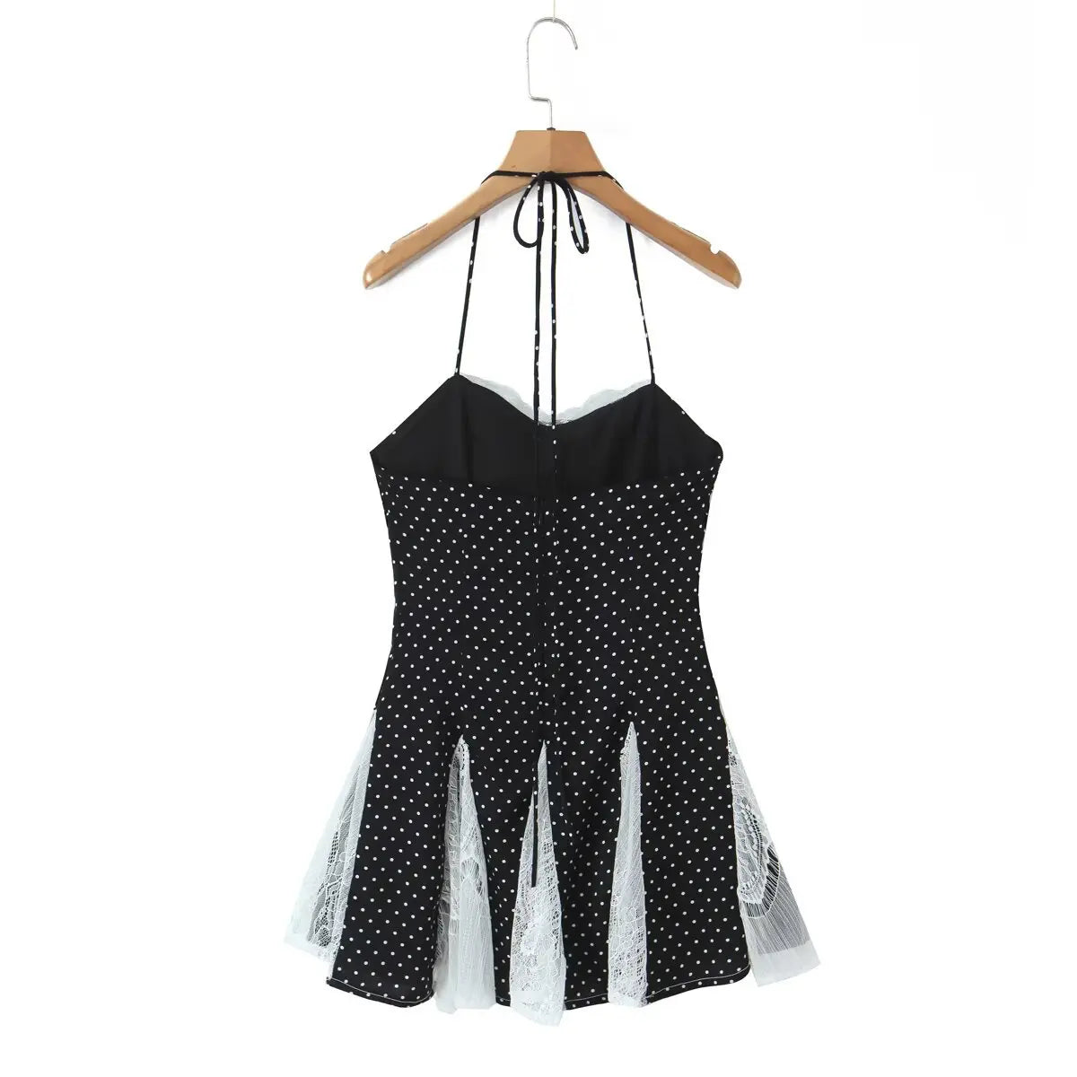 Hanging back view of the dress, highlighting the halter tie closure and invisible back zipper.