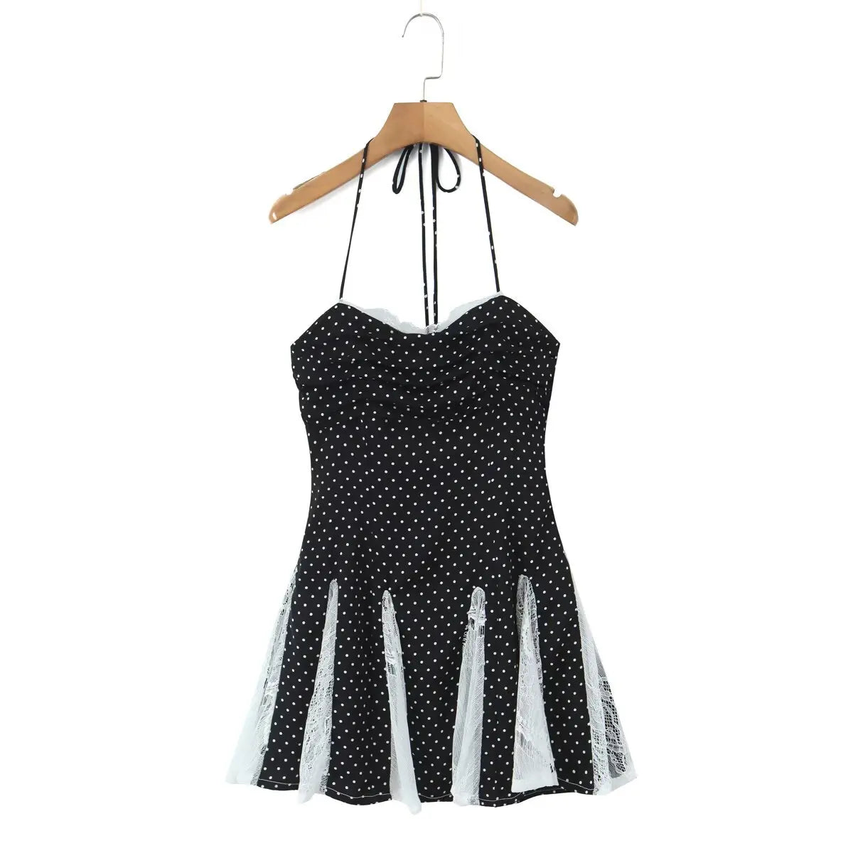 Hanging front view of the dress, showing the halter straps and full silhouette.