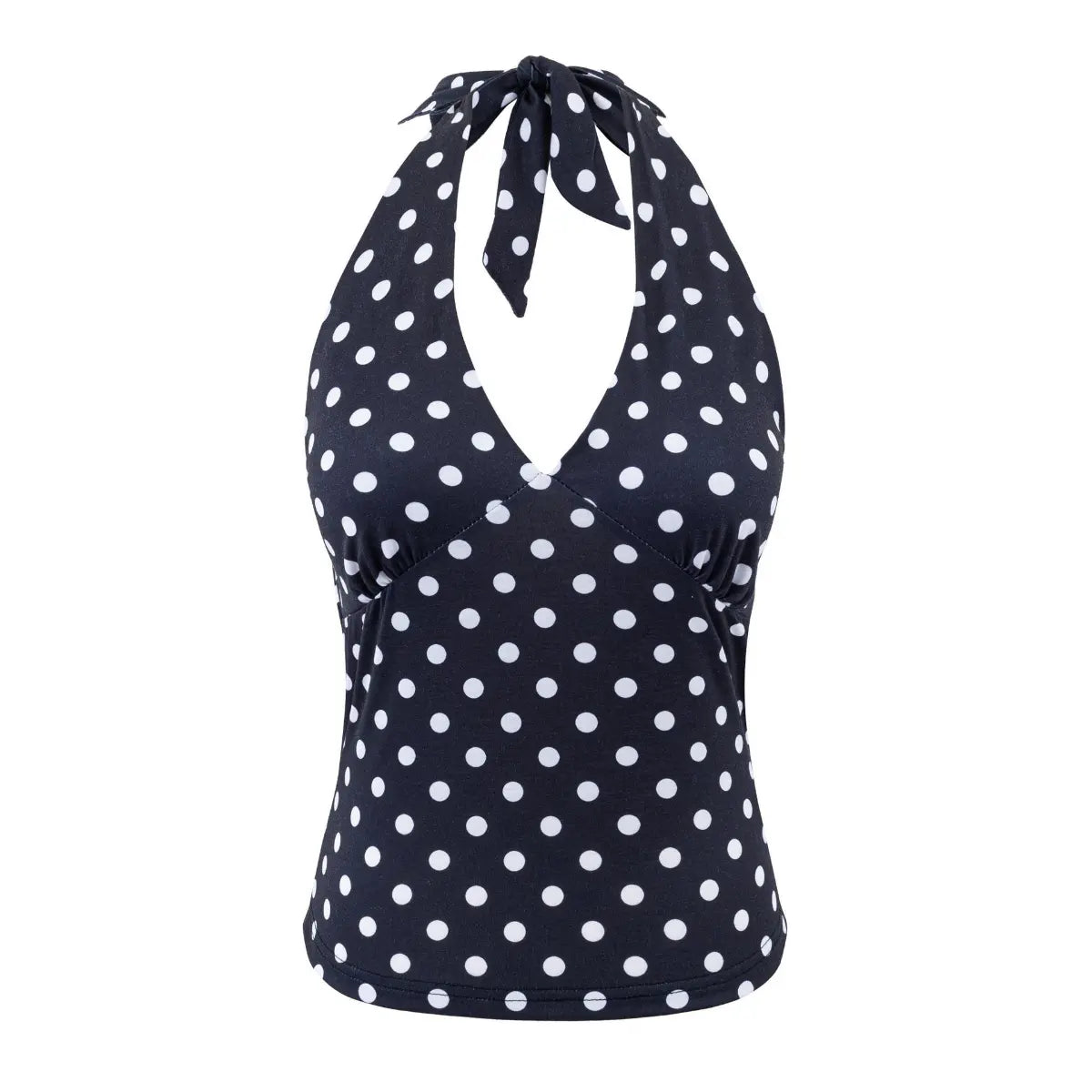 Flat view of a black halter tank top with white polka dots, featuring a V-neck, gathered bust, and tie closure at the neck.