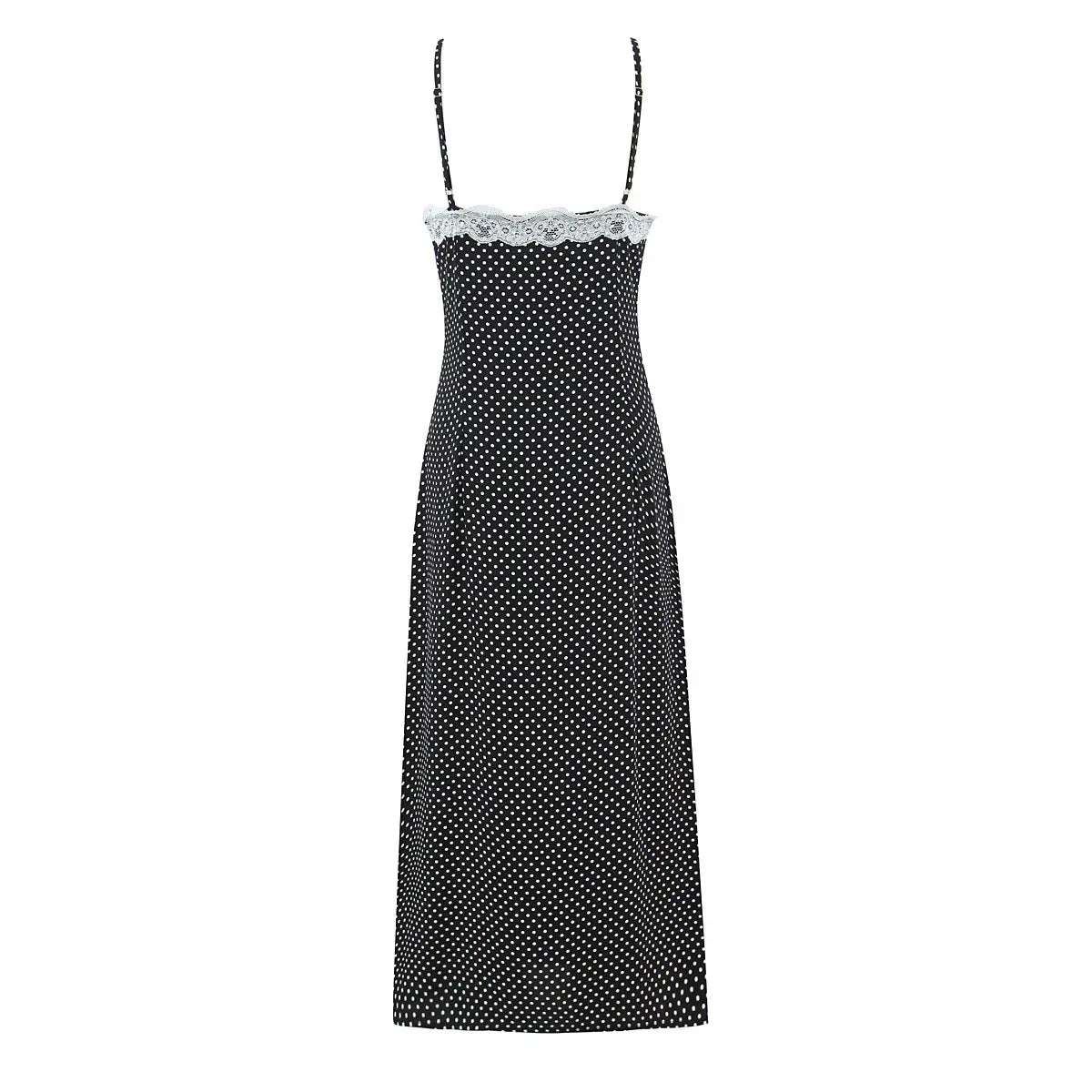 Full back view of the dress, showing the lace waist trim and straight silhouette.