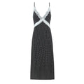 Full front view of the dress, featuring scalloped lace trim at the V-neckline and waist.