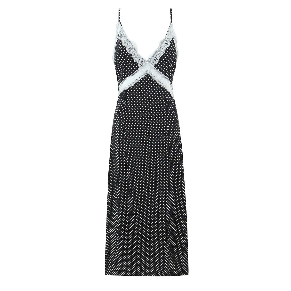 Full front view of the dress, featuring scalloped lace trim at the V-neckline and waist.