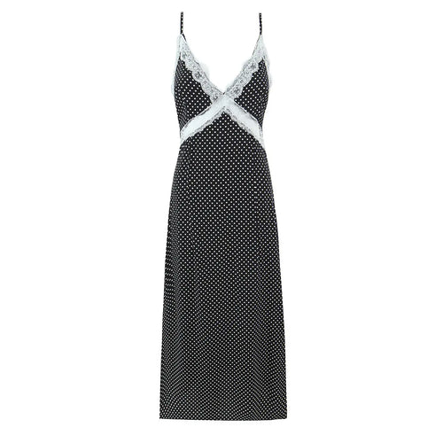 Full front view of the dress, featuring scalloped lace trim at the V-neckline and waist.