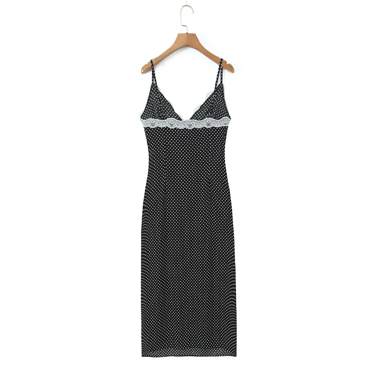 Hanging front view of the dress, showcasing the lace trim at the neckline and waist.