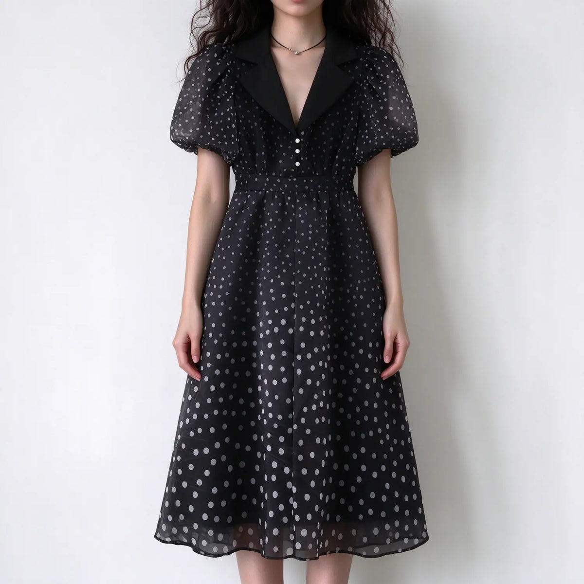 Model wearing black white polka dot maxi dress with lapel collar and short puff sleeves, white background