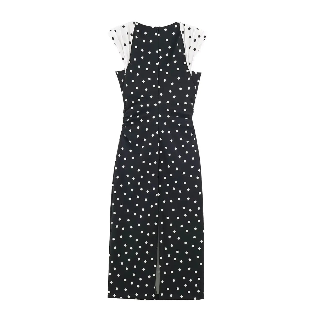 Flat lay back view black polka dot midi dress with back slit and concealed zipper
