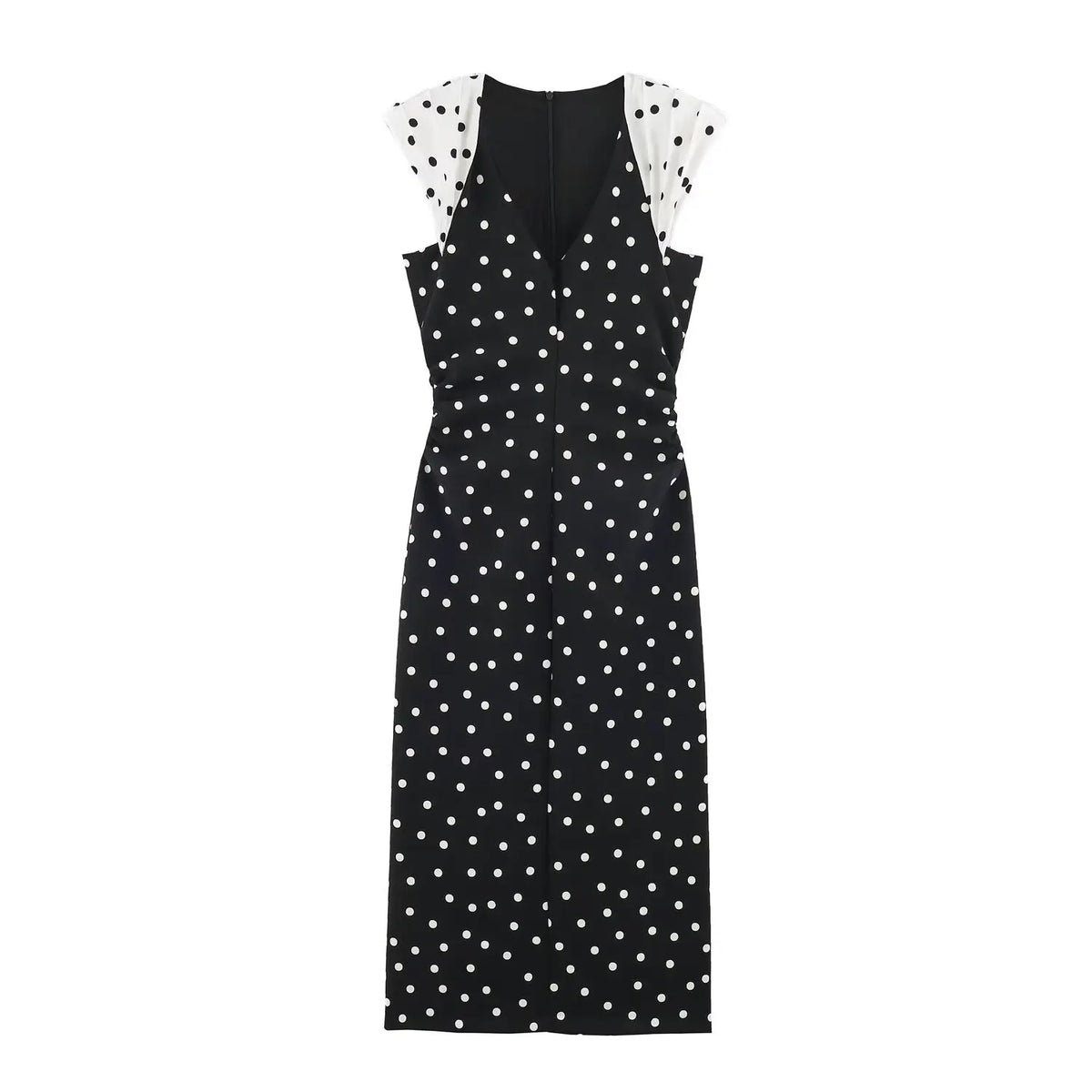Flat lay front view black midi dress with white polka dots and contrast pleated cap sleeves